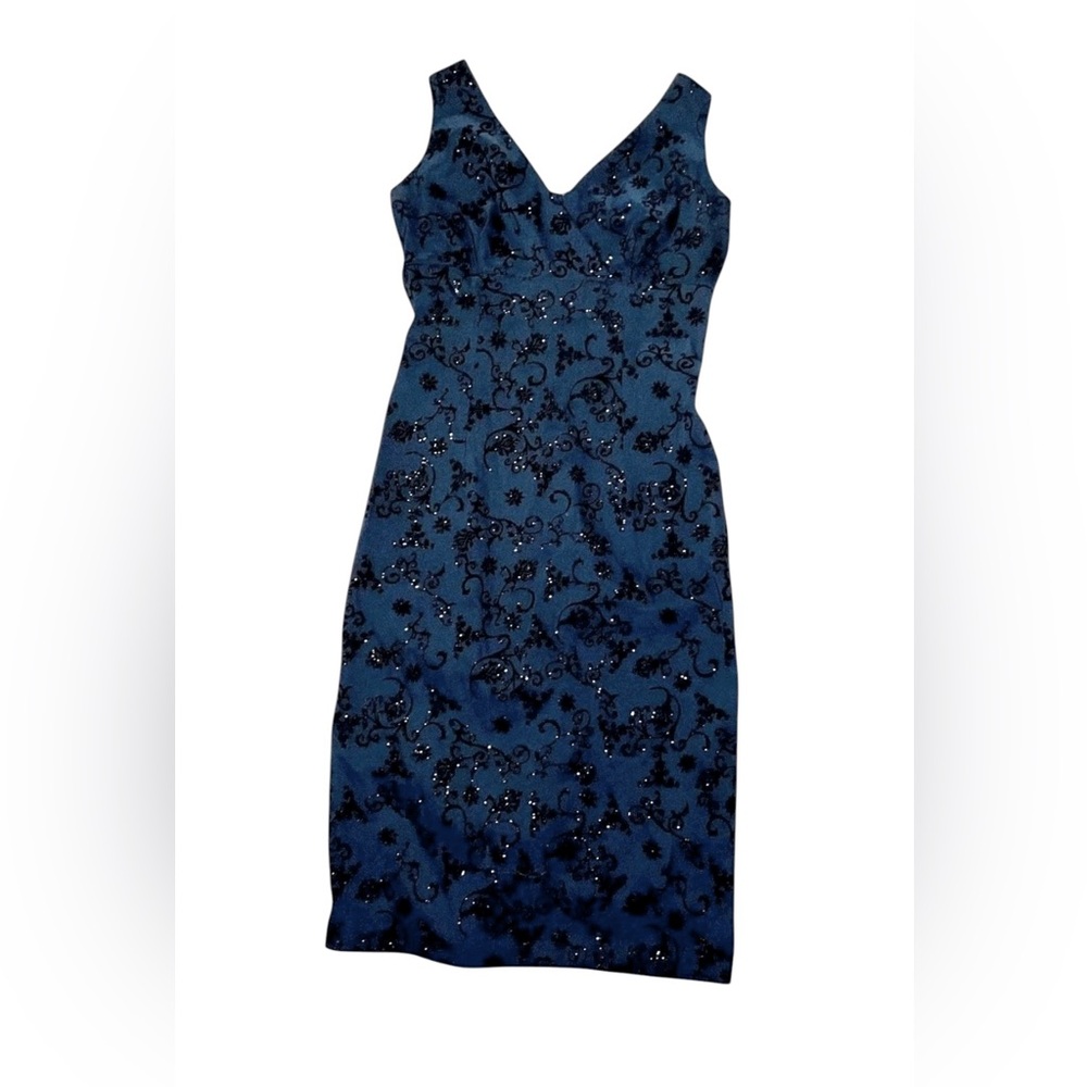 Vintage 90s la belle dress Blue satin black velvet Floral midi ‎back slit Fairy